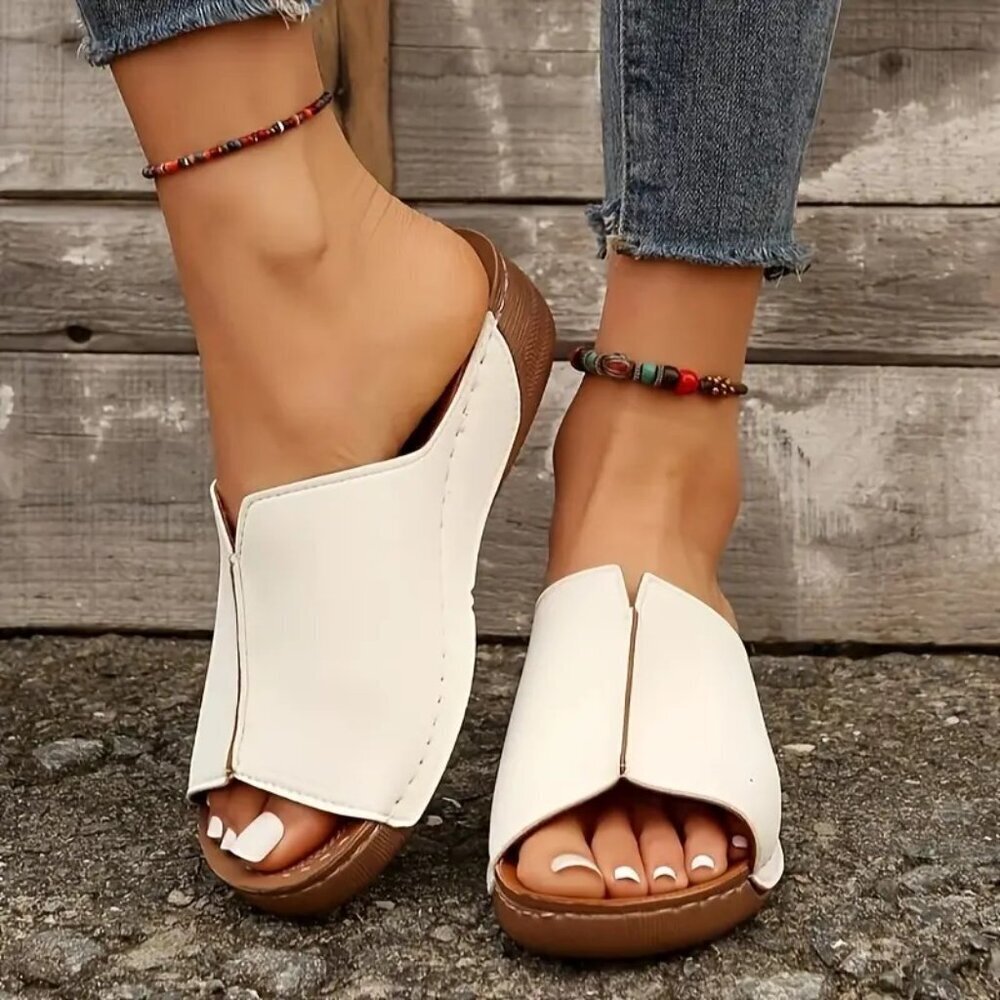 Travel Passions - Cream Colored Wedge Slide Sandals - Picture 3 of 6